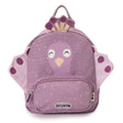 Purple peacock backpack with a speckled pattern, a smiling peacock face, wings, a crest, and a front pocket.