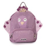 Purple peacock backpack with a speckled pattern, a smiling peacock face, wings, a crest, and a front pocket.