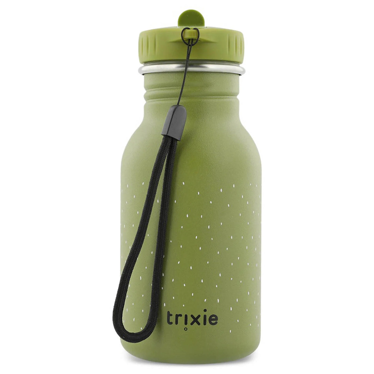 Back view of a green kids water bottle featuring a black wrist strap, white speckles, and the Trixie logo.