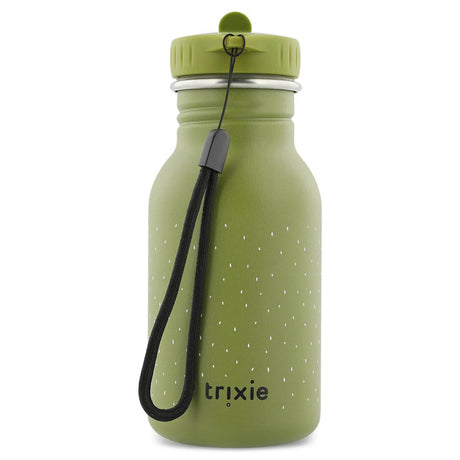 Back view of a green kids water bottle featuring a black wrist strap, white speckles, and the Trixie logo.