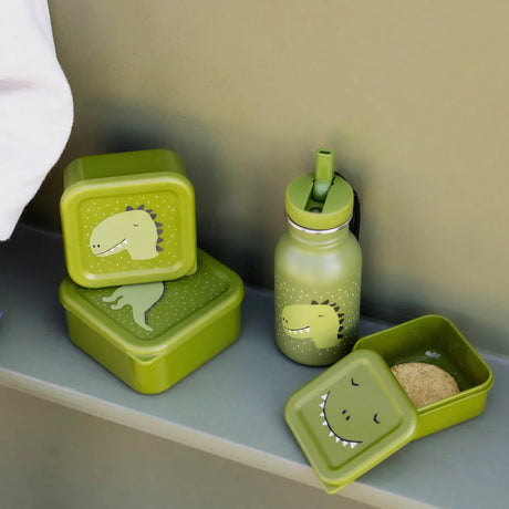 Green kids water bottle next to matching stacked and open green dinosaur-themed lunch boxes.