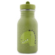 Green kids water bottle with a cartoon dinosaur graphic and a white speckled pattern.