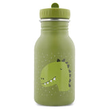 Green kids water bottle with a cartoon dinosaur graphic and a white speckled pattern.