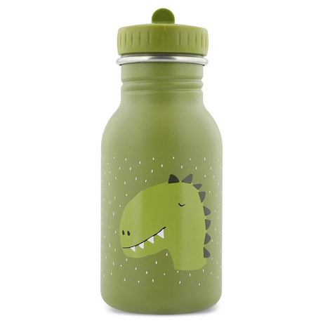 Green kids water bottle with a cartoon dinosaur graphic and a white speckled pattern.
