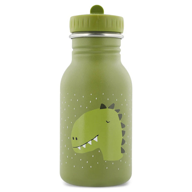 Green kids water bottle with a cartoon dinosaur graphic and a white speckled pattern.