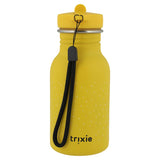 Back view of a yellow kids water bottle featuring a black wrist strap, white speckles, and the Trixie logo.
