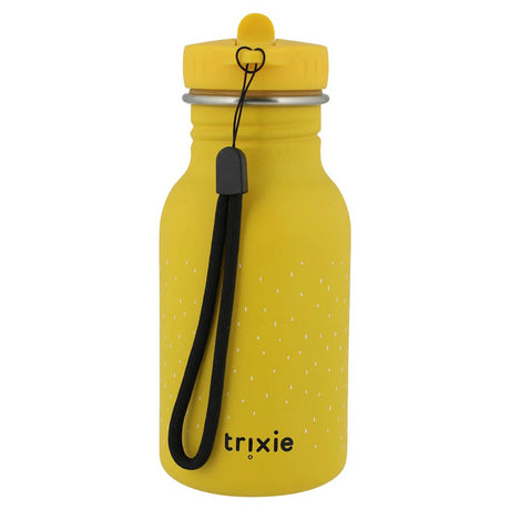 Back view of a yellow kids water bottle featuring a black wrist strap, white speckles, and the Trixie logo.