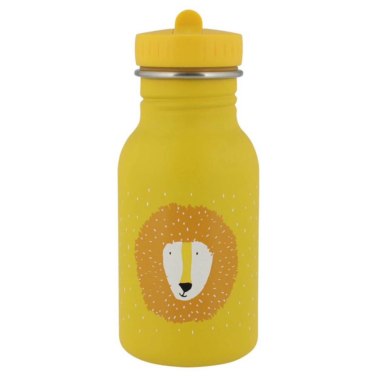 Yellow kids water bottle featuring a cartoon lion face graphic and a white speckled pattern.