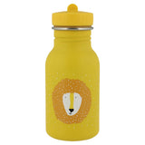 Yellow kids water bottle featuring a cartoon lion face graphic and a white speckled pattern.