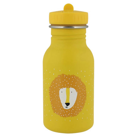 Yellow kids water bottle featuring a cartoon lion face graphic and a white speckled pattern.