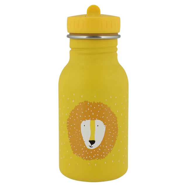 Yellow kids water bottle featuring a cartoon lion face graphic and a white speckled pattern.