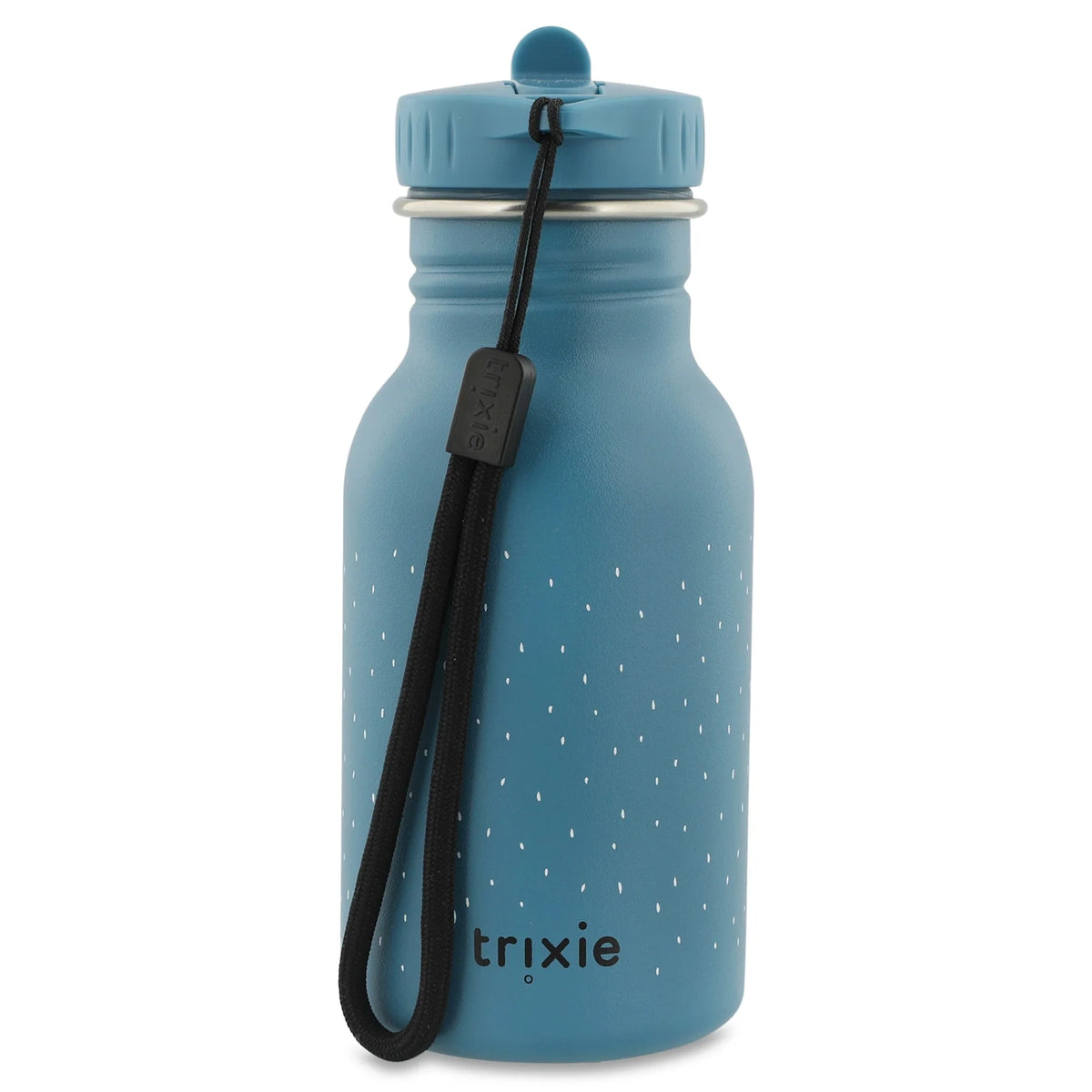 The back of a blue kids' water bottle with white specks, a black wrist strap, and the "trixie" logo.