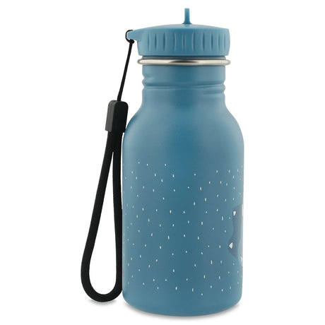 Side view of a blue kids' water bottle with white specks and a black carrying strap attached to the lid.