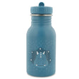 A blue stainless steel kids' water bottle featuring a cute triceratops illustration against a white-speckled background.