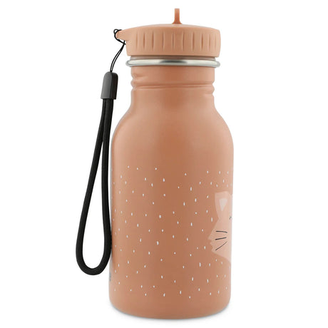 Side view of a peach kids' water bottle with white specks and a black carrying strap attached to the lid.