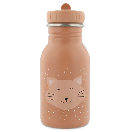 A peach-colored kids' water bottle featuring a cute cat face illustration against a white-speckled background.