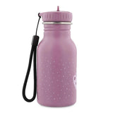 Side view of a purple kids' water bottle with white specks and a black carrying strap attached to the lid.