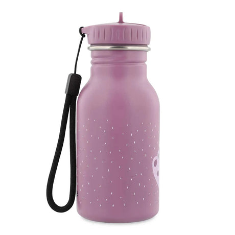 Side view of a purple kids' water bottle with white specks and a black carrying strap attached to the lid.