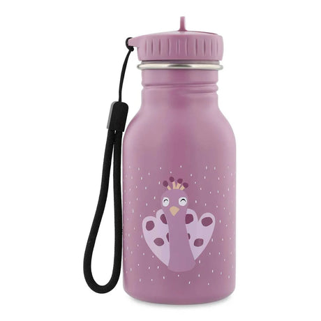 A purple kids' water bottle featuring a cute peacock illustration against a white-speckled background.