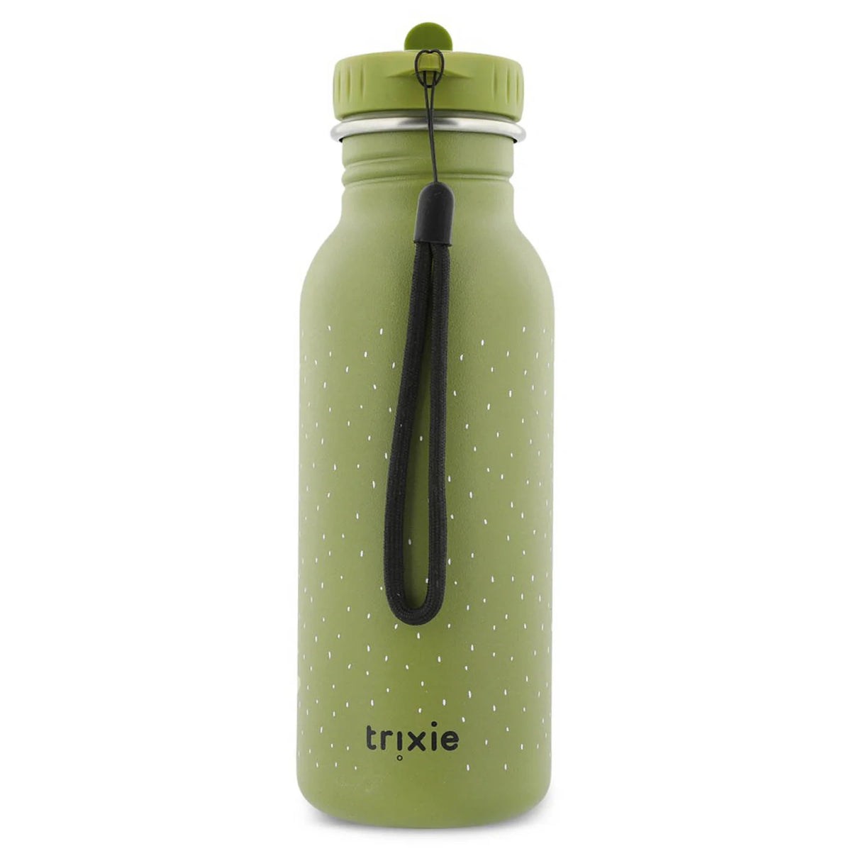 Back view of the green water bottle, featuring white speckles, a black wrist strap, and the "trixie" logo.