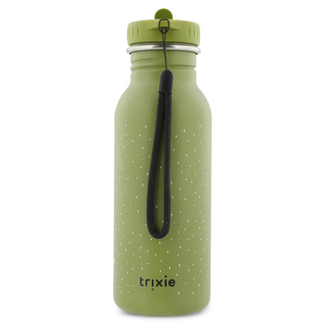 Back view of the green water bottle, featuring white speckles, a black wrist strap, and the "trixie" logo.