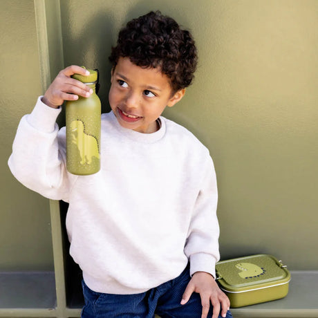 A young boy holding a green dinosaur water bottle next to a matching dinosaur lunch box.