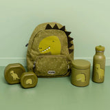 A matching green dinosaur-themed school set including a backpack, water bottle, food jar, and snack boxes.