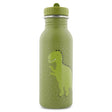 Green stainless steel water bottle featuring a cute cartoon dinosaur illustration with a matching green cap.