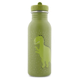Green stainless steel water bottle featuring a cute cartoon dinosaur illustration with a matching green cap.