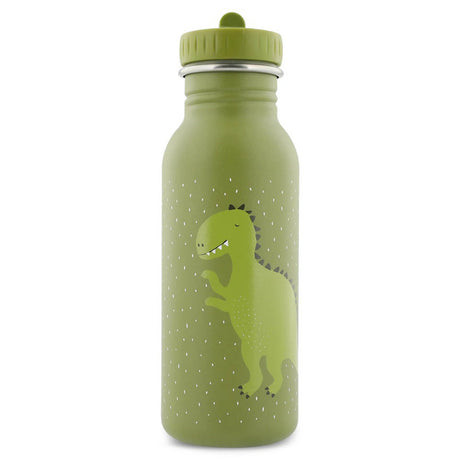 Green stainless steel water bottle featuring a cute cartoon dinosaur illustration with a matching green cap.
