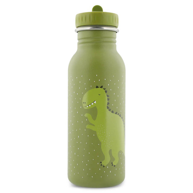 Green stainless steel water bottle featuring a cute cartoon dinosaur illustration with a matching green cap.