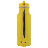 Back view of a yellow speckled water bottle with a black wrist strap and the Trixie logo.