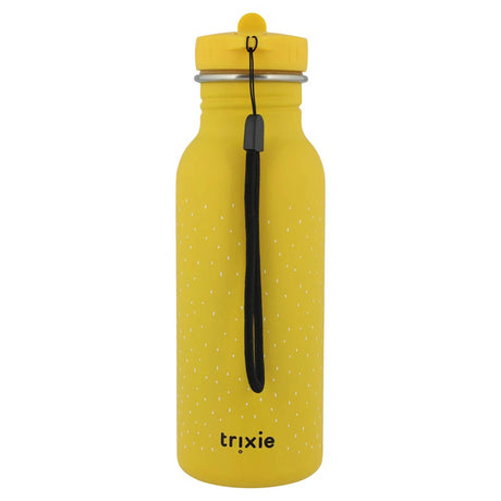 Back view of a yellow speckled water bottle with a black wrist strap and the Trixie logo.