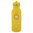 Yellow stainless steel water bottle featuring a cute cartoon lion illustration with a matching yellow cap.