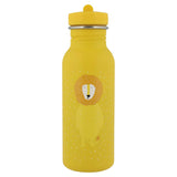 Yellow stainless steel water bottle featuring a cute cartoon lion illustration with a matching yellow cap.