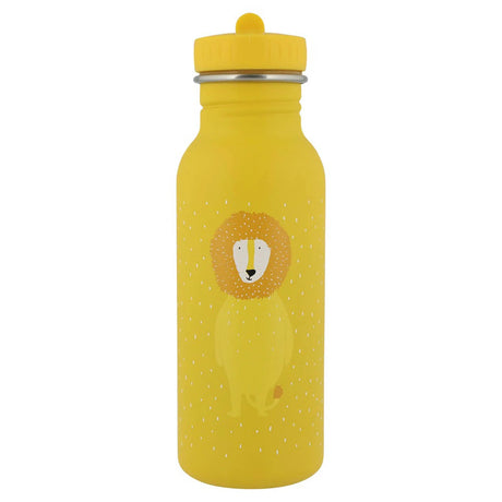 Yellow stainless steel water bottle featuring a cute cartoon lion illustration with a matching yellow cap.