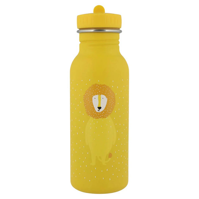Yellow stainless steel water bottle featuring a cute cartoon lion illustration with a matching yellow cap.