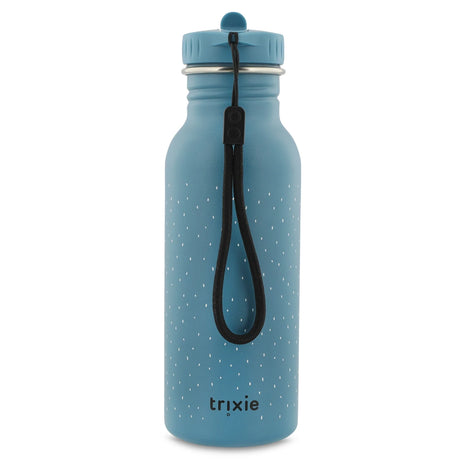 Back view of a blue speckled water bottle with a black wrist strap and the Trixie logo.
