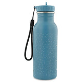 Side view of a blue speckled water bottle with a matching blue cap and an attached black wrist strap.