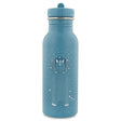 Blue stainless steel water bottle featuring a cute cartoon triceratops illustration with a matching blue cap.
