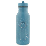 Blue stainless steel water bottle featuring a cute cartoon triceratops illustration with a matching blue cap.