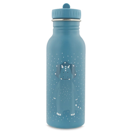 Blue stainless steel water bottle featuring a cute cartoon triceratops illustration with a matching blue cap.