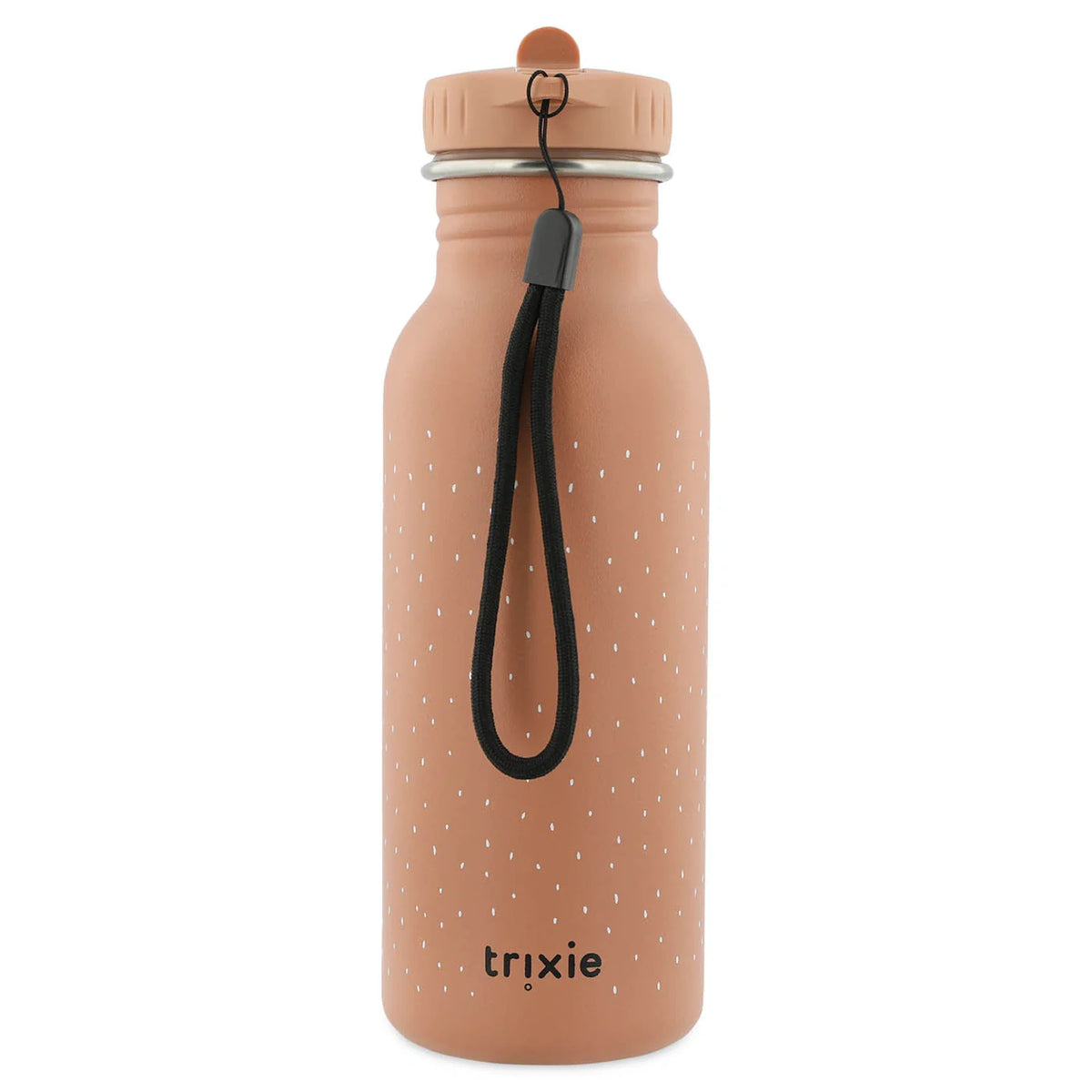 Back view of a pink speckled water bottle with a black wrist strap and the Trixie logo.