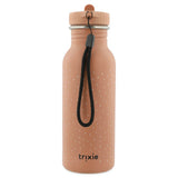 Back view of a pink speckled water bottle with a black wrist strap and the Trixie logo.