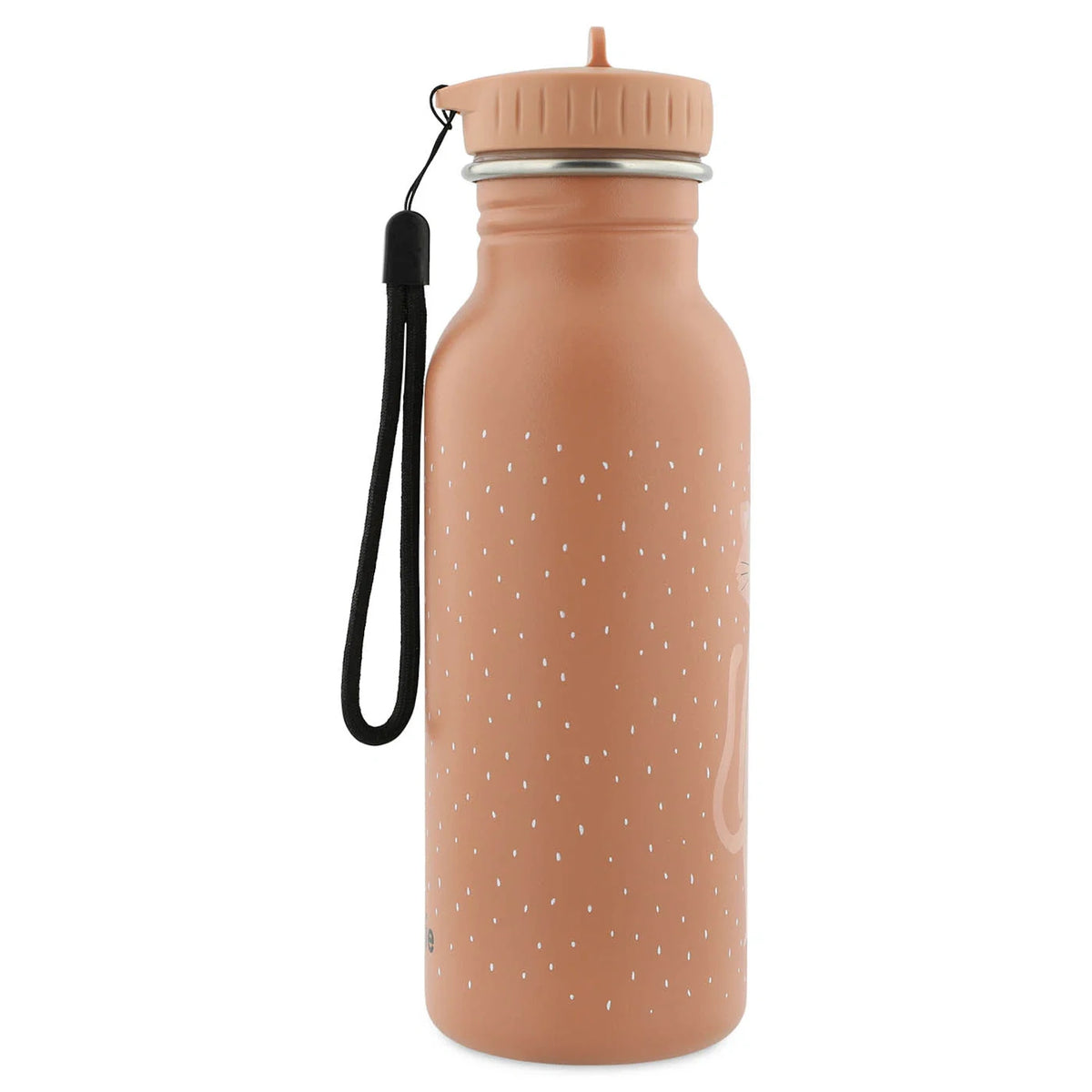 Side view of a pink speckled water bottle with a matching pink cap and an attached black wrist strap.