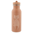 Pink stainless steel water bottle featuring a cute cartoon cat illustration with a matching pink cap.