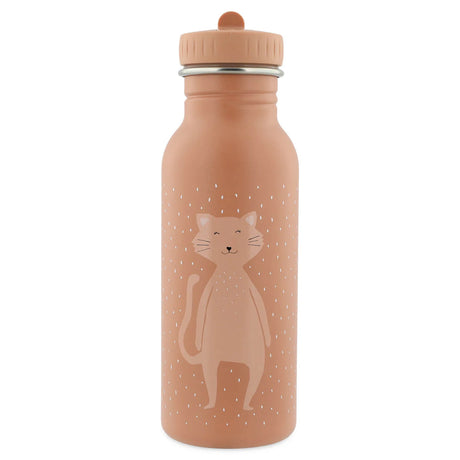 Pink stainless steel water bottle featuring a cute cartoon cat illustration with a matching pink cap.