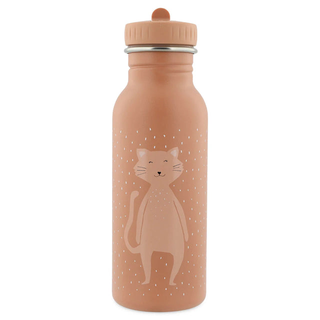 Pink stainless steel water bottle featuring a cute cartoon cat illustration with a matching pink cap.