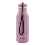 Back view of a purple speckled water bottle with a black wrist strap and the Trixie logo.