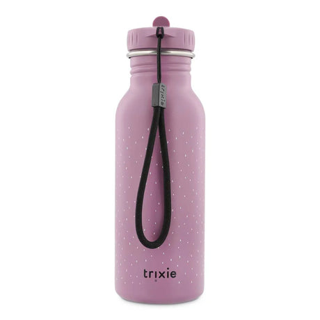 Back view of a purple speckled water bottle with a black wrist strap and the Trixie logo.
